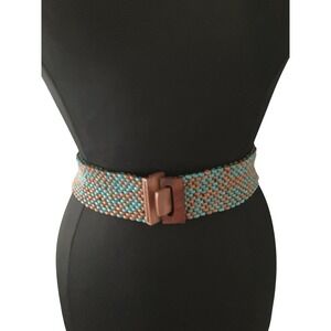 Wood Bead Belt Weatern Turquoise Tan Stretch Statement Wood Interlock Buckle 31"